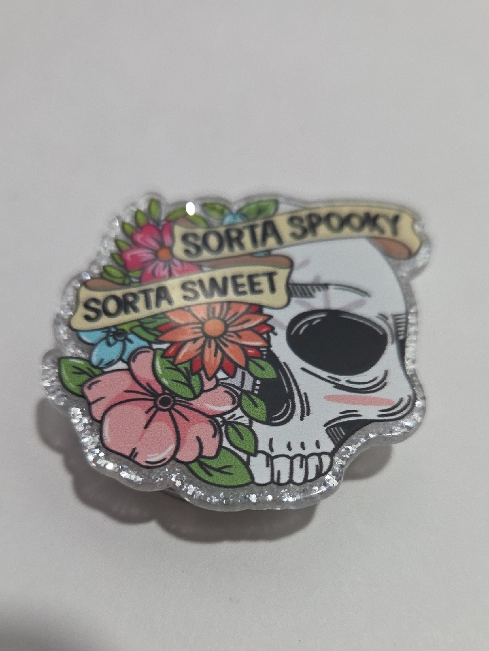 Sorta Spooky Sorta Sweet Skull Phone Grip Like Popsocket — Floral Acrylic Enamel